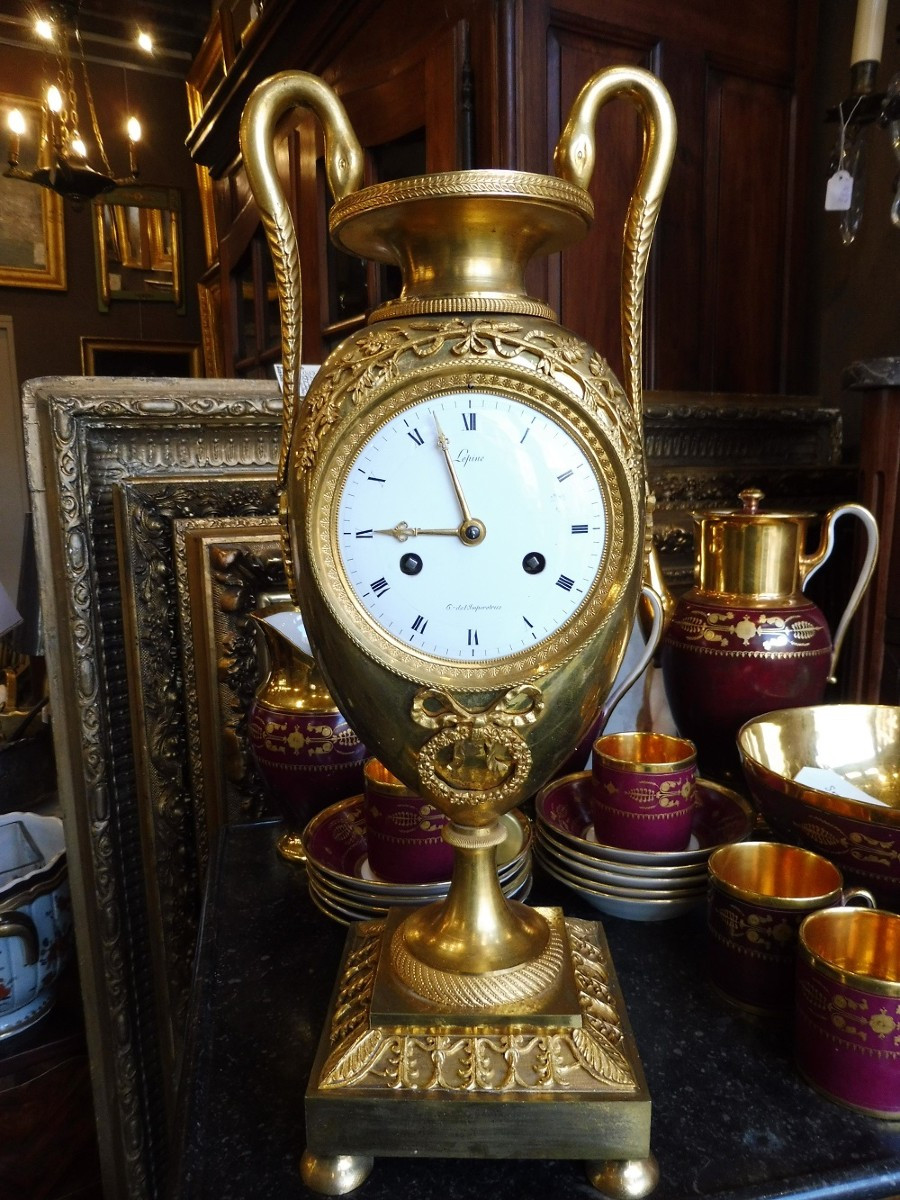 Empire Style Gilt Bronze Urn Clock Signed Lépine.