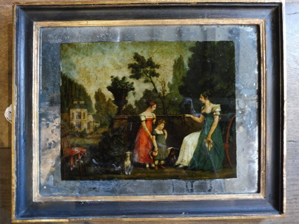 Gravure en couleur  sous verre  mercurisé  , début  19 eme 