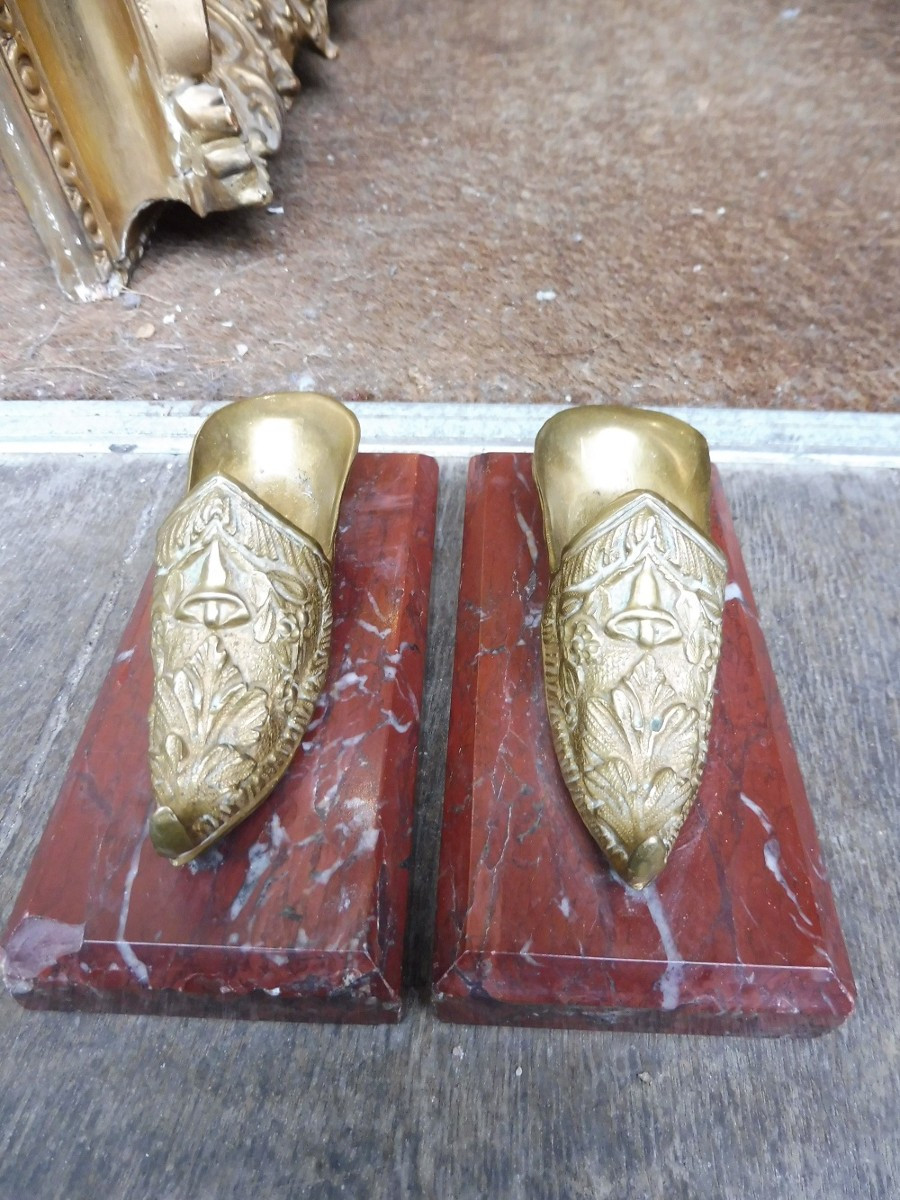Pair Of Gilt Bronze Shoes, Marble Bases, 19th Century-photo-2