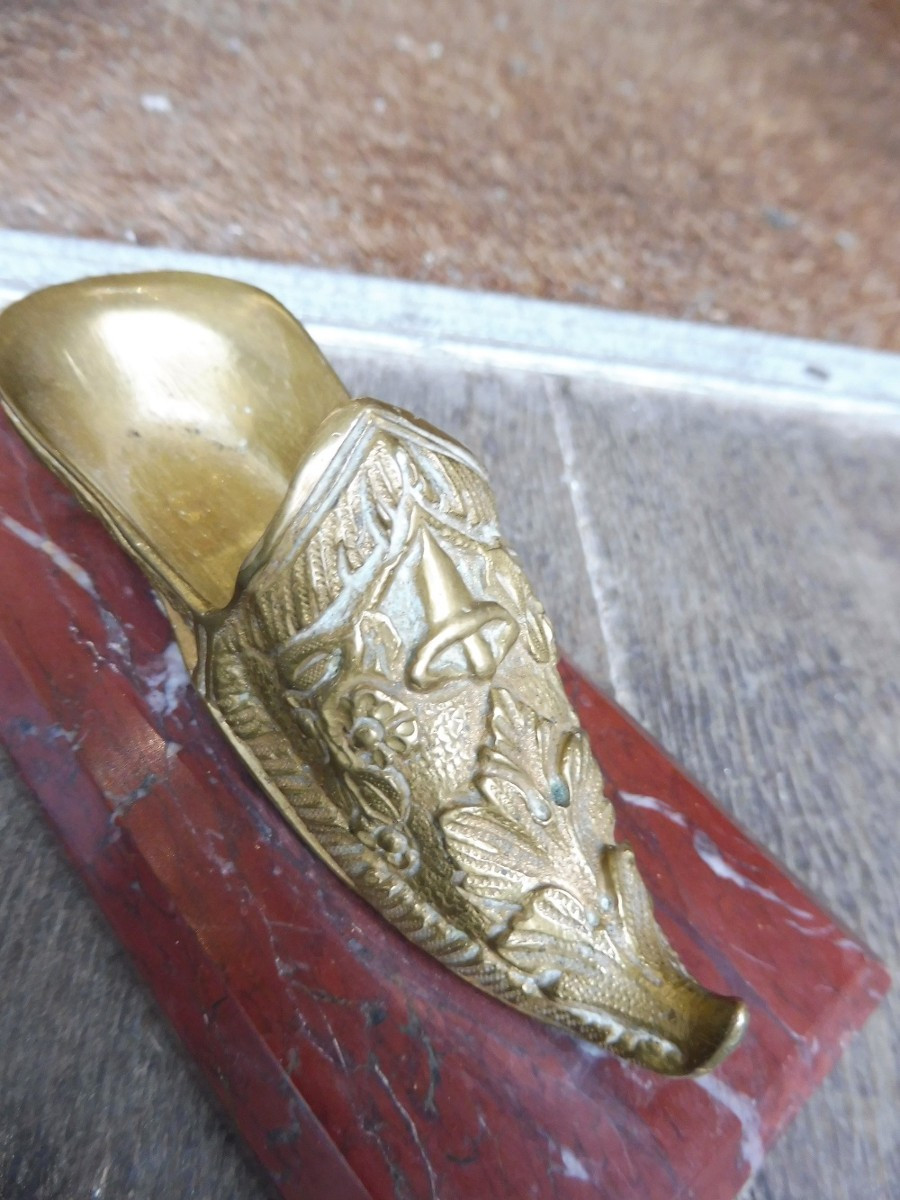 Pair Of Gilt Bronze Shoes, Marble Bases, 19th Century-photo-3