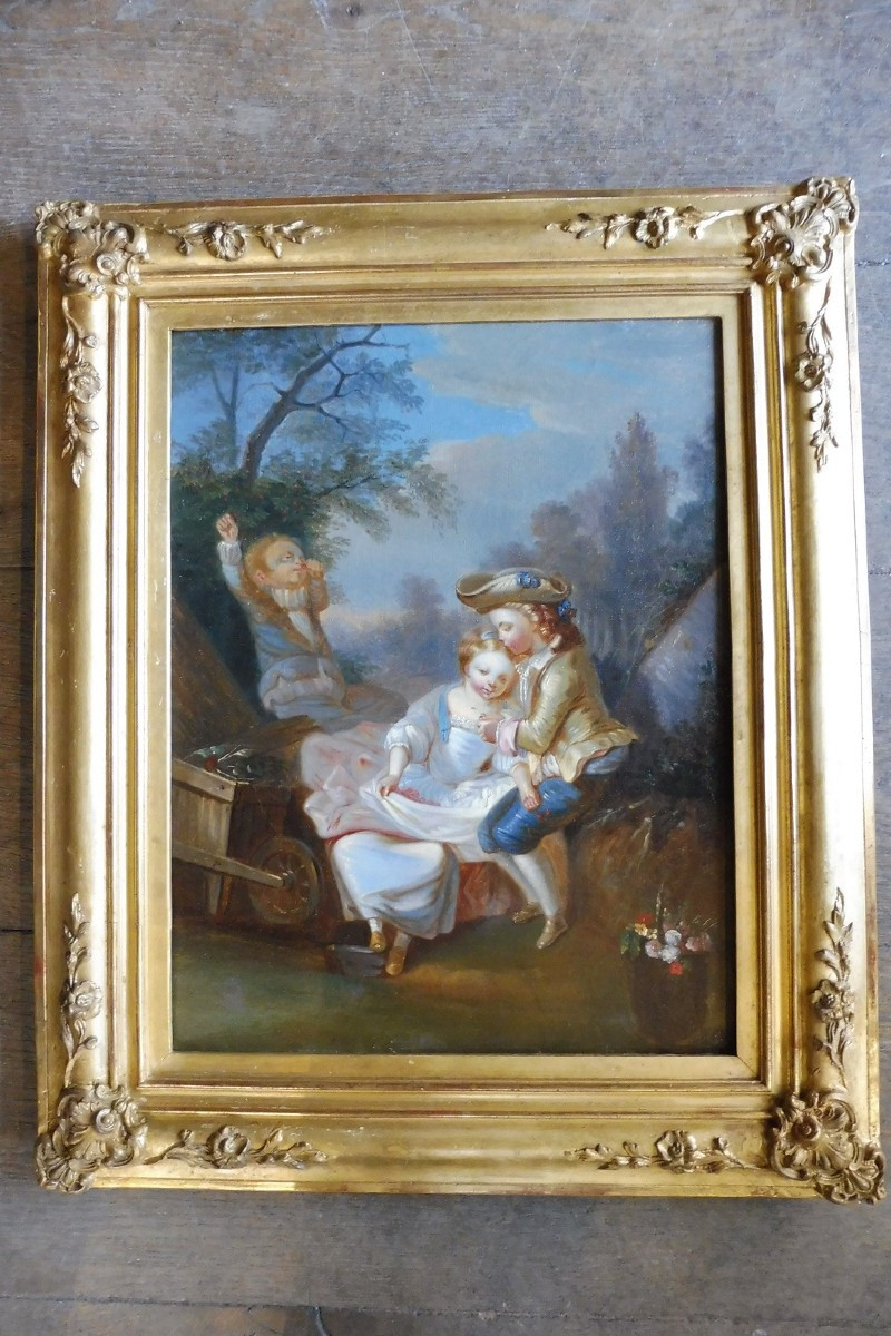 Huile sur toile 19 eme  d'après  Lépicié  " le cueillette  des  cerises  "  