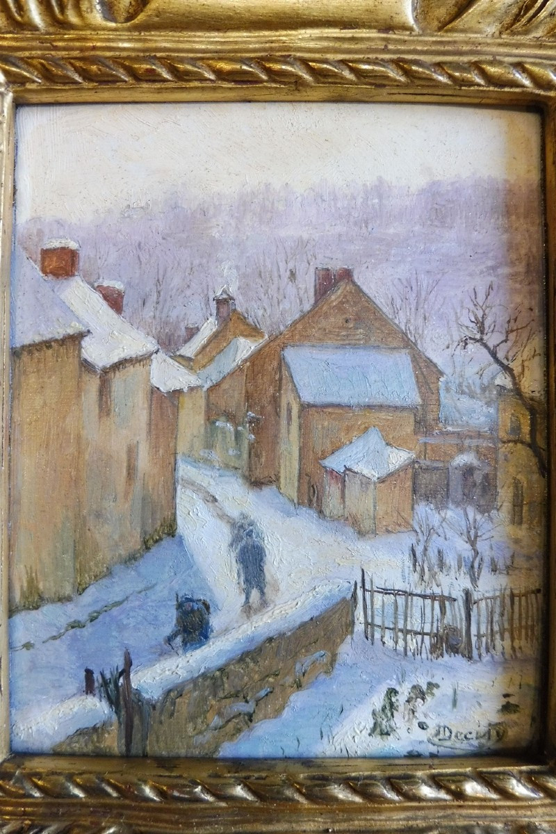 Oil On  Cardboard, Signed Circa 1900, "lively Village Under The Snow"  -photo-2