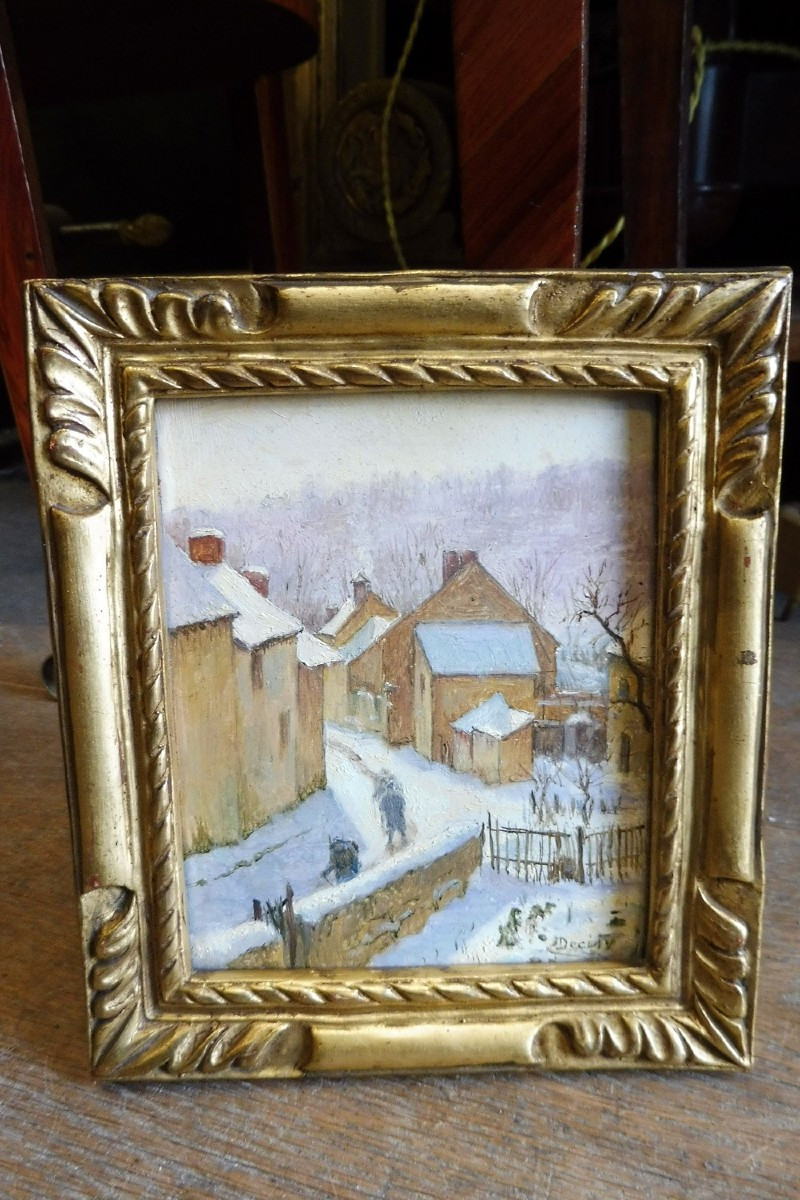 Oil On  Cardboard, Signed Circa 1900, "lively Village Under The Snow"  -photo-4