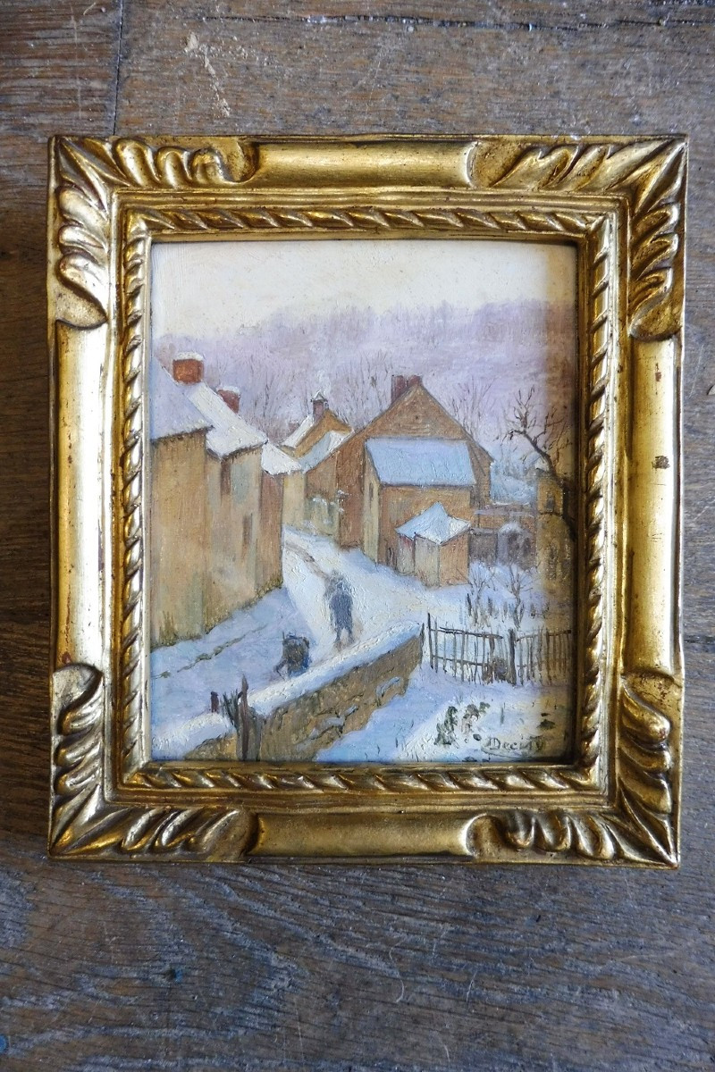Oil On  Cardboard, Signed Circa 1900, "lively Village Under The Snow"  