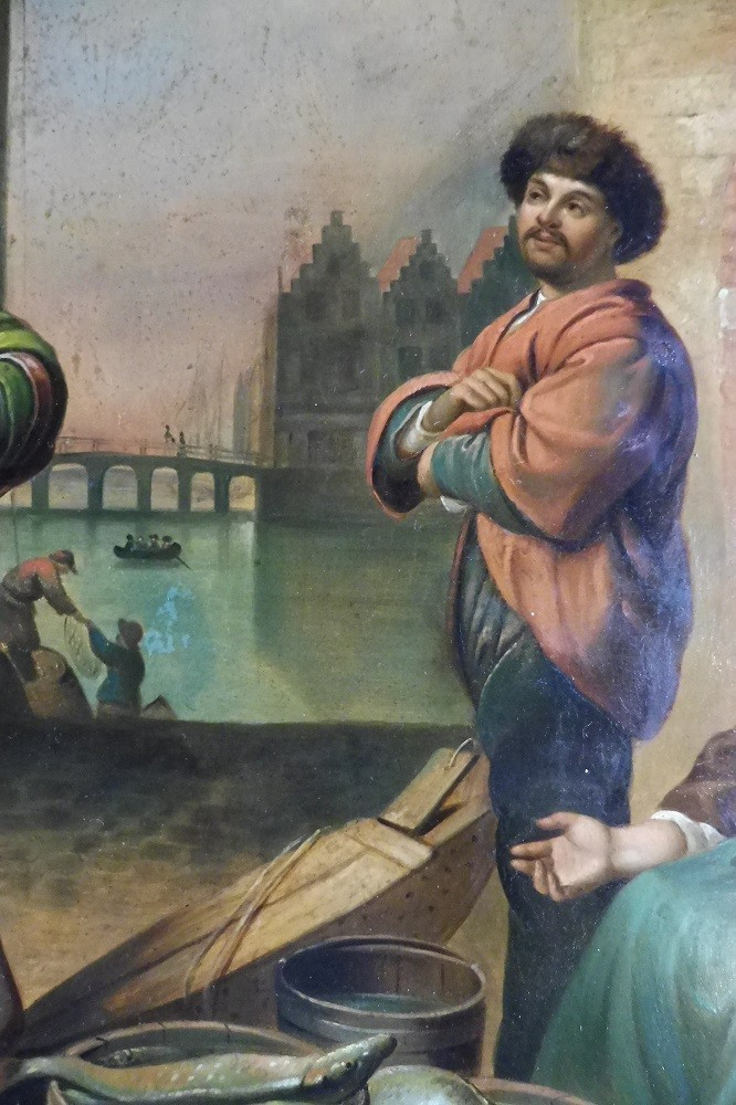 Oil On Sheet Metal Painting From The école Du Nord, 19th Century, "the Fishmonger"  -photo-3
