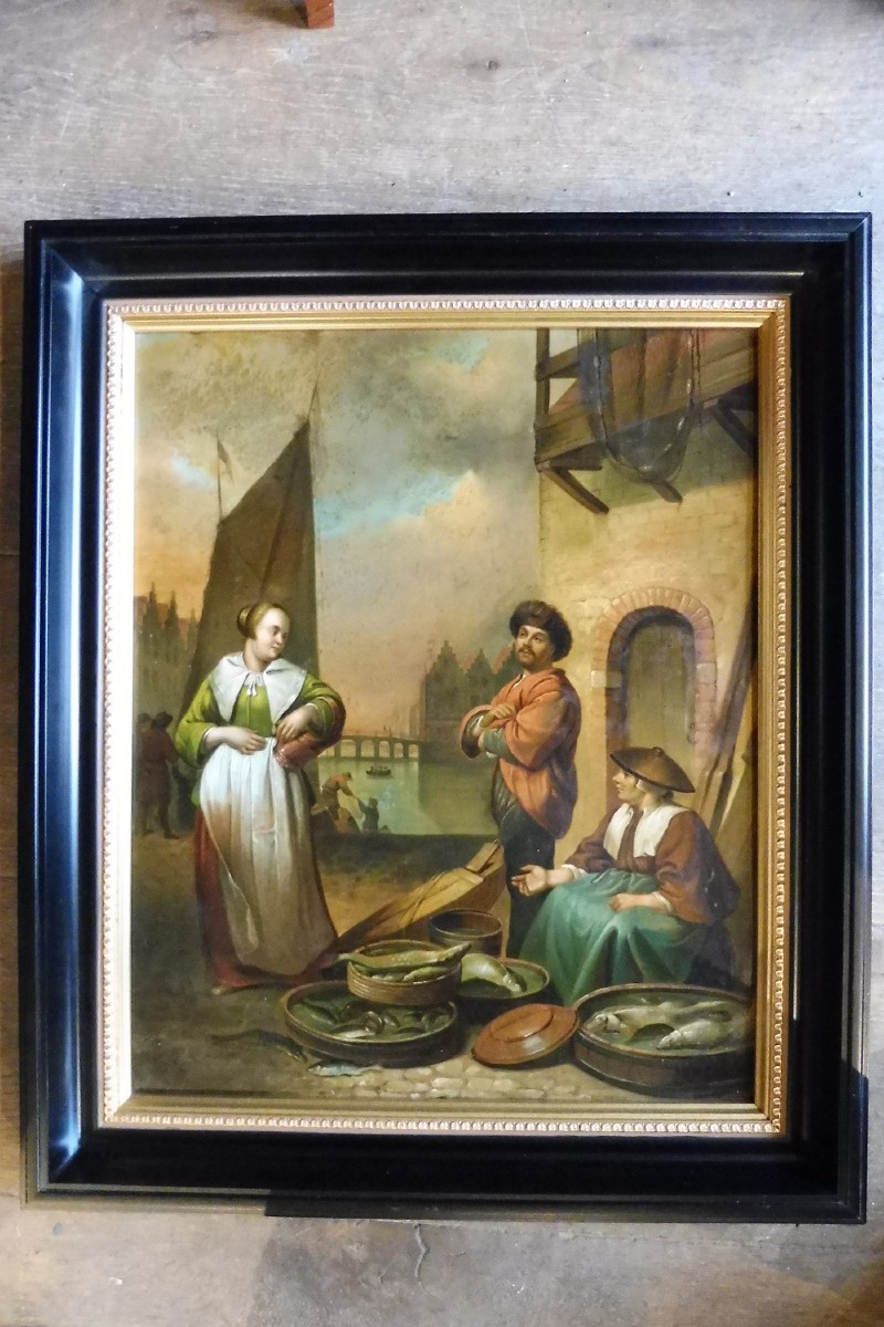 Oil On Sheet Metal Painting From The école Du Nord, 19th Century, "the Fishmonger"  