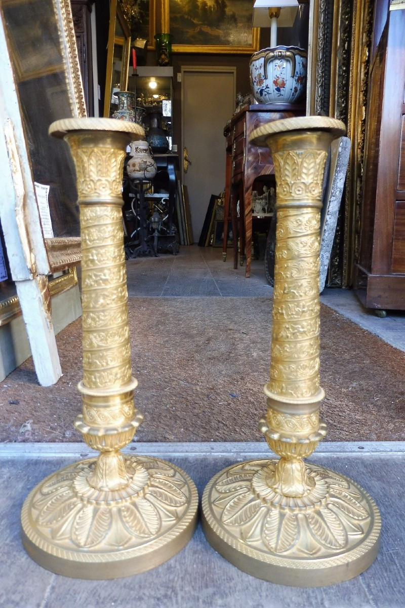 Paire de flambeaux en bronze doré  d'époque empire 