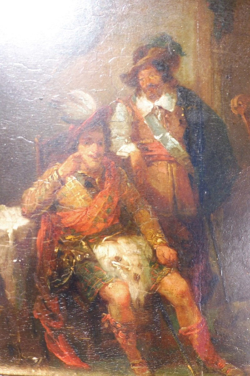 Huile sur panneau  de l'école  française  vers 1840  " Scène  historique  avec  un  Ecossais " -photo-3