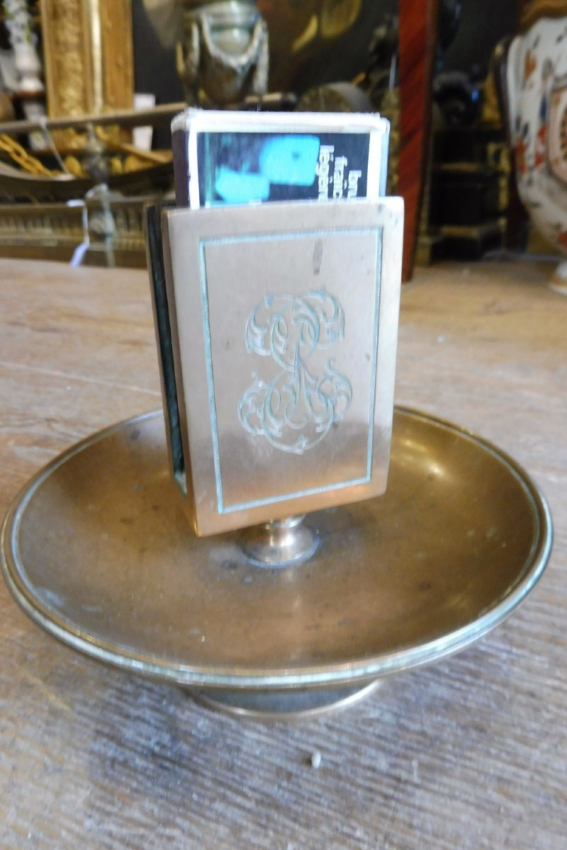 Brass Ashtray/match Holder Engraved With A Coat Of Arms, 19th Century-photo-2