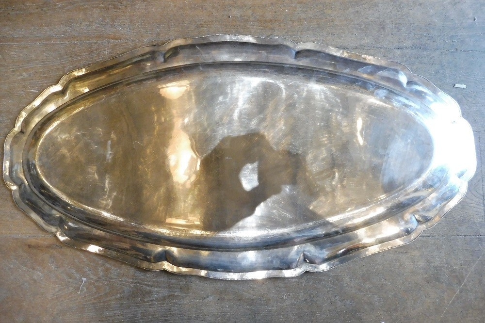 Important Silver-plated Metal Dish With Coat Of Arms, 19th Century-photo-2