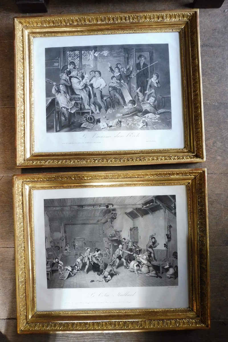 Paire  d'aquatintes  humoristiques  du début du 19 eme  dans leurs cadres d 'époque  