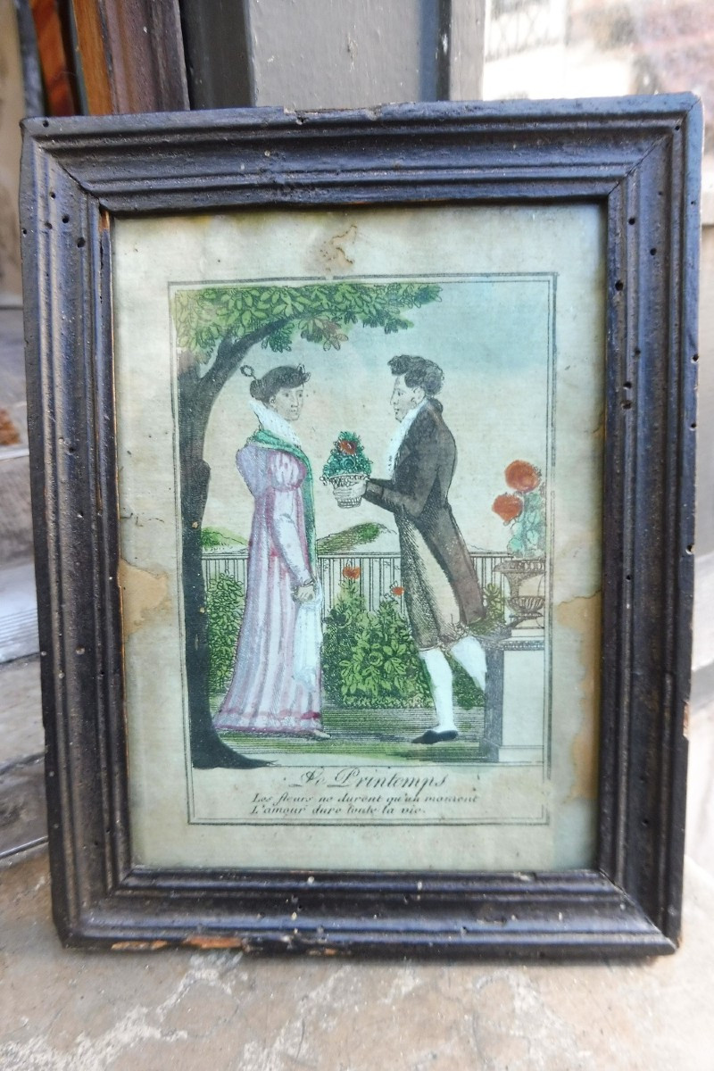 Gravure rehaussée  début 19 eme  " allégorie  du printemps " 