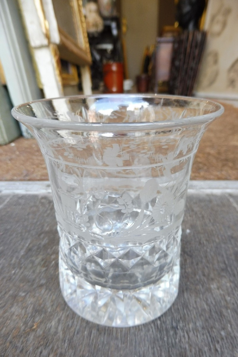 verre  de mariage  louis XVI  gravé  d'un coeur flamboyant 