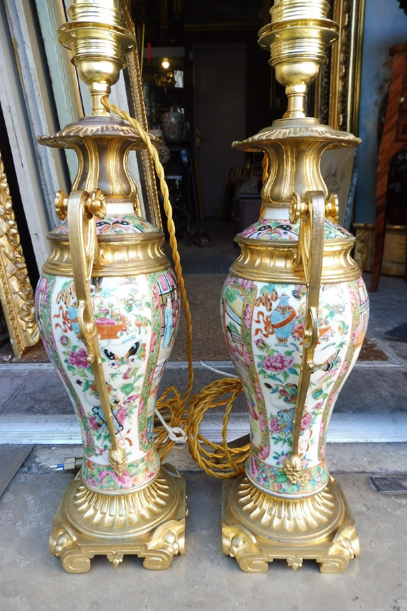Pair Of Canton Porcelain Lamp Bases, Gilt Bronze Mount 19th Century-photo-2