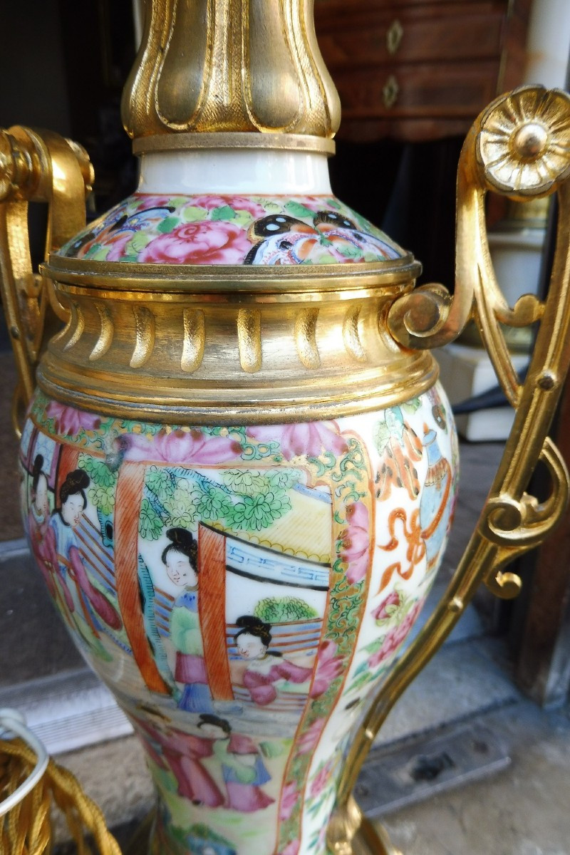 Pair Of Canton Porcelain Lamp Bases, Gilt Bronze Mount 19th Century-photo-3