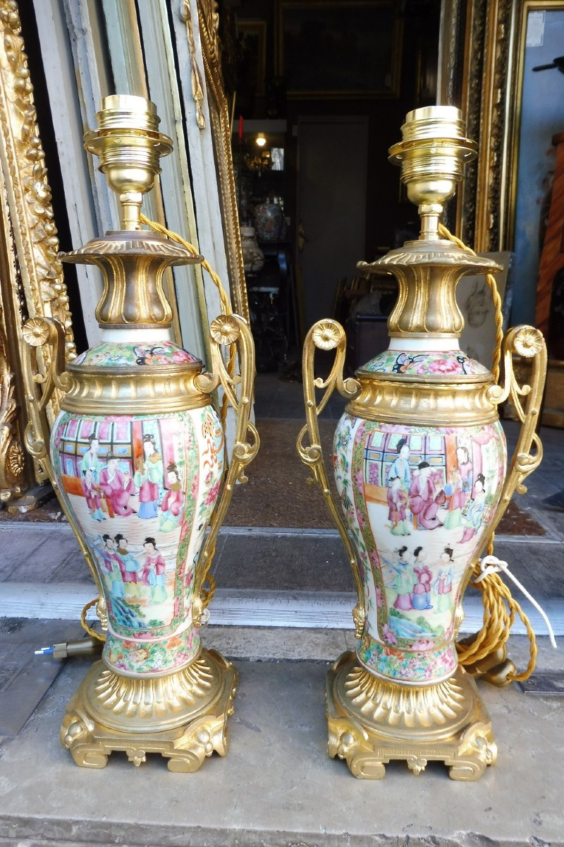 Pair Of Canton Porcelain Lamp Bases, Gilt Bronze Mount 19th Century