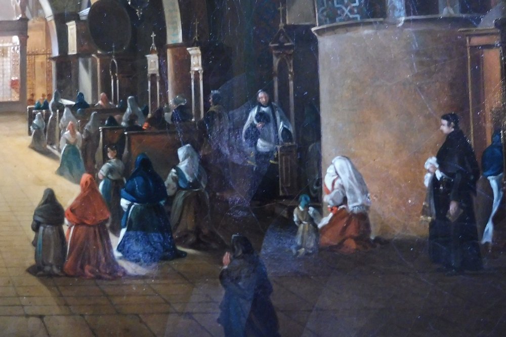 Huile  sur toile  19 eme  signée d'après Granet  " intérieur  de  la basilique inférieure  d' A-photo-3