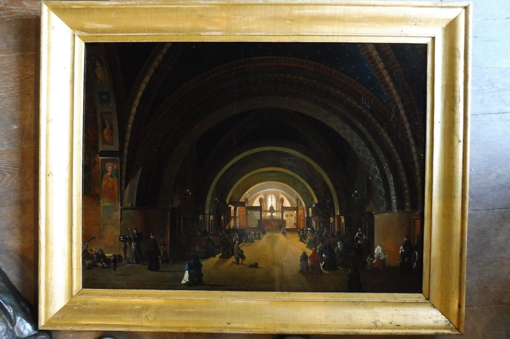Huile  sur toile  19 eme  signée d'après Granet  " intérieur  de  la basilique inférieure  d' A