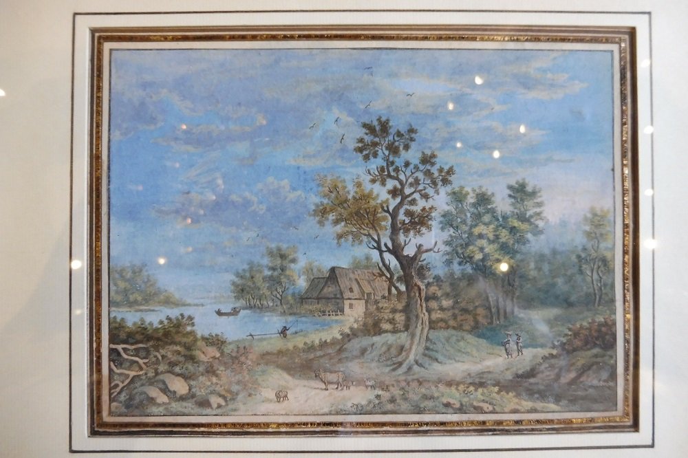 Gouache 18 eme   " paysage lacustre "  encadrée  -photo-2