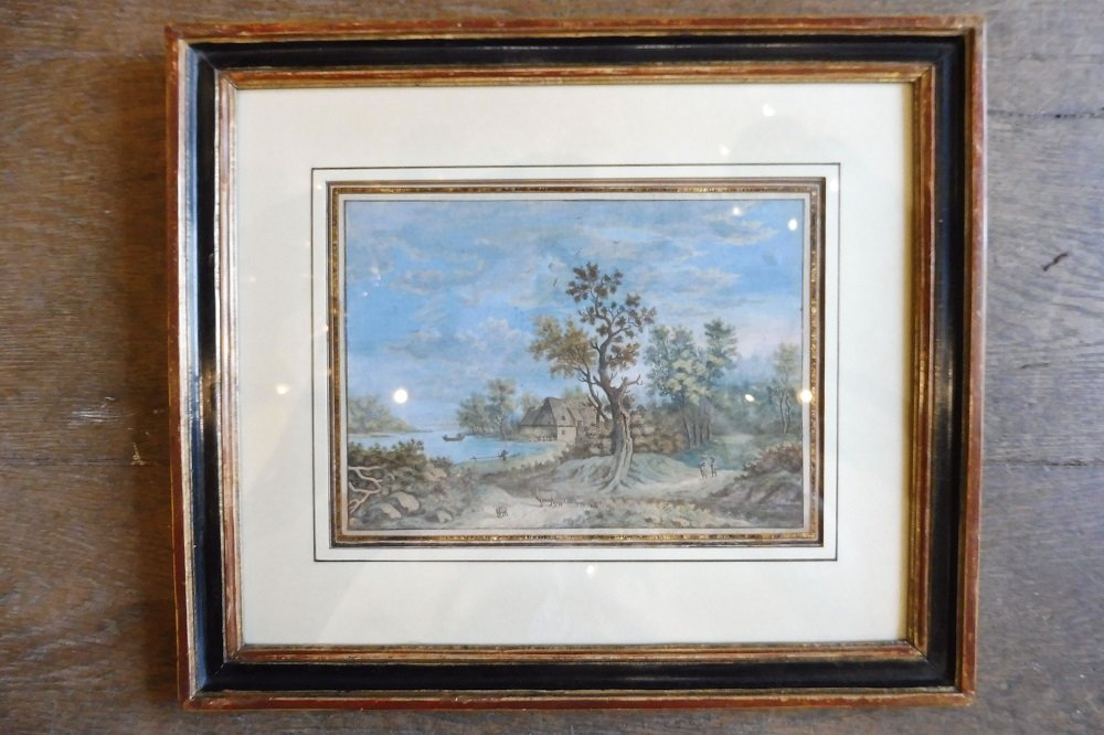 Gouache 18 eme   " paysage lacustre "  encadrée  