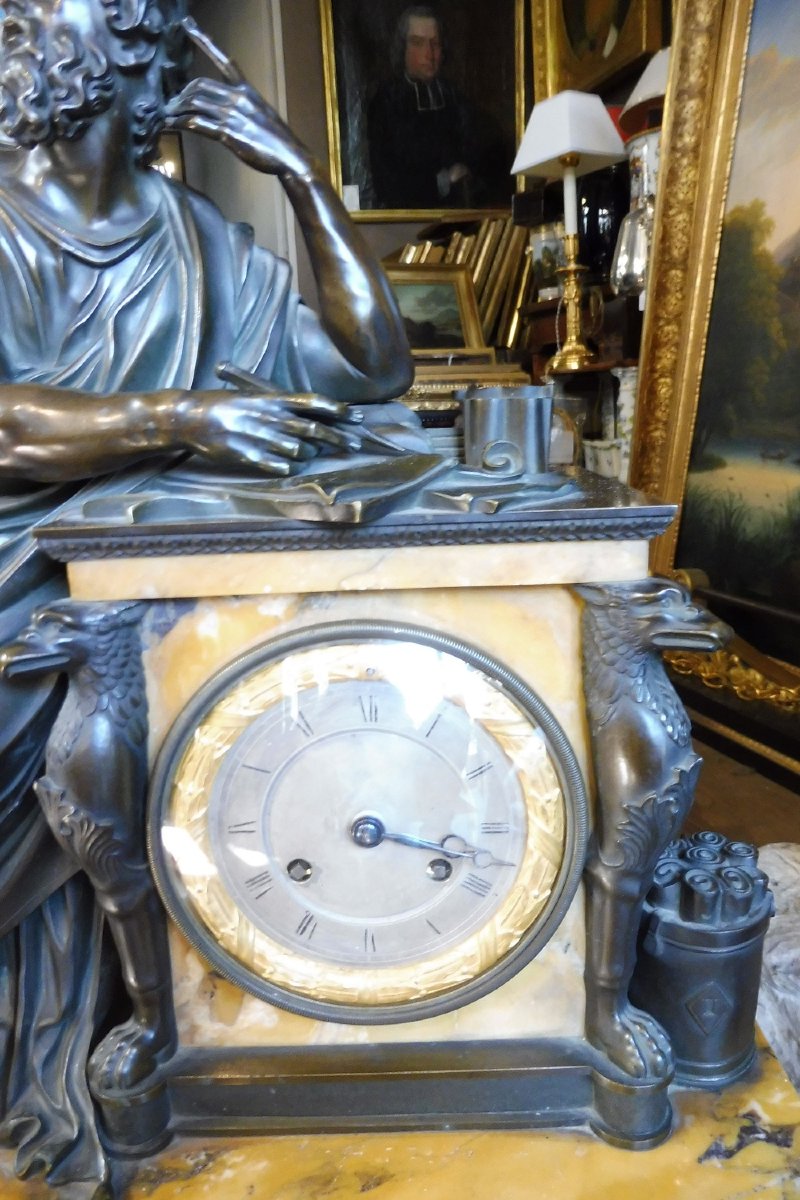 "homer" Clock In Patinated Bronze And Marble, Charles X Period -photo-2