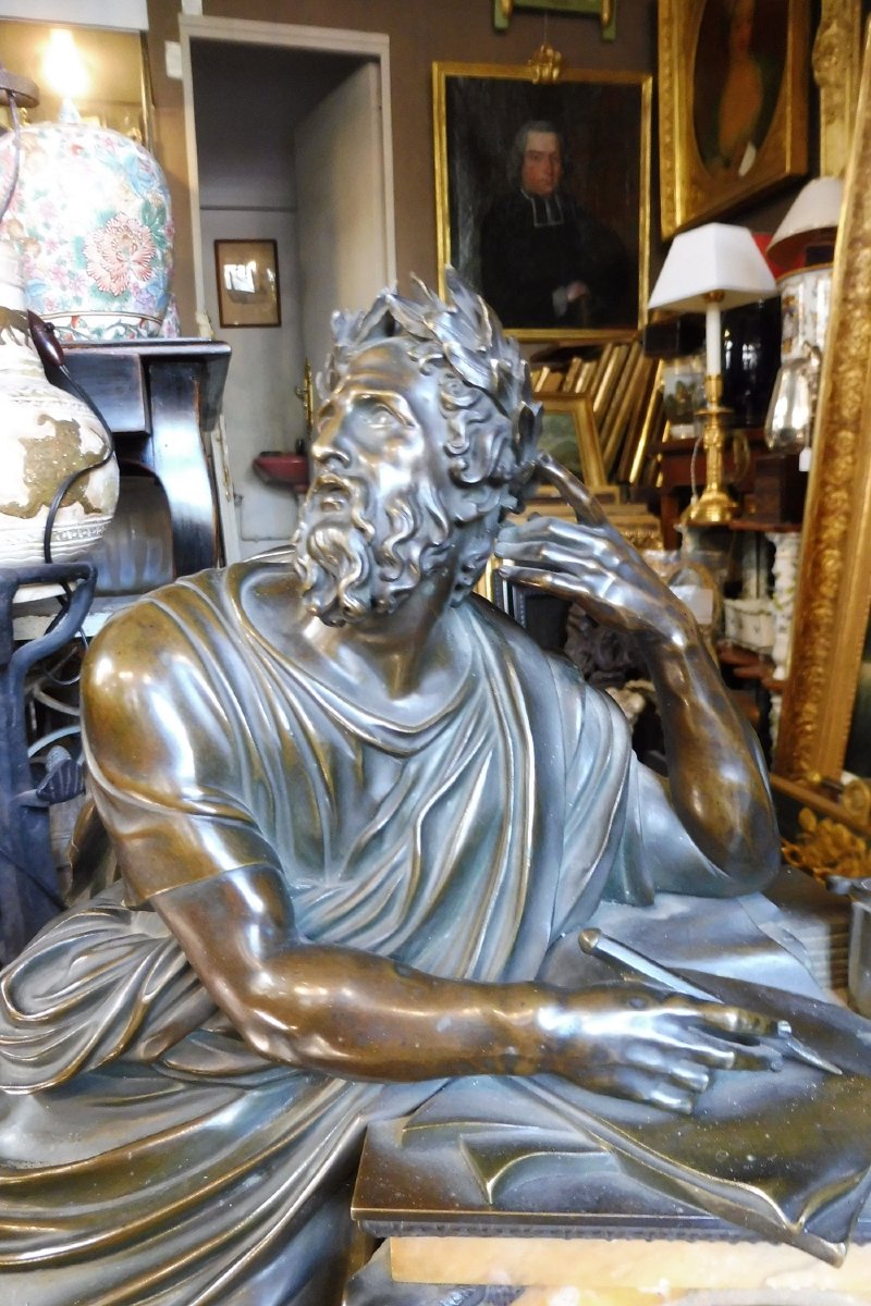 "homer" Clock In Patinated Bronze And Marble, Charles X Period -photo-3