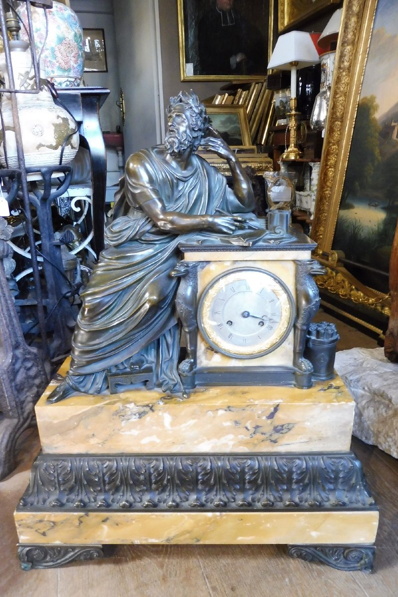 "homer" Clock In Patinated Bronze And Marble, Charles X Period 