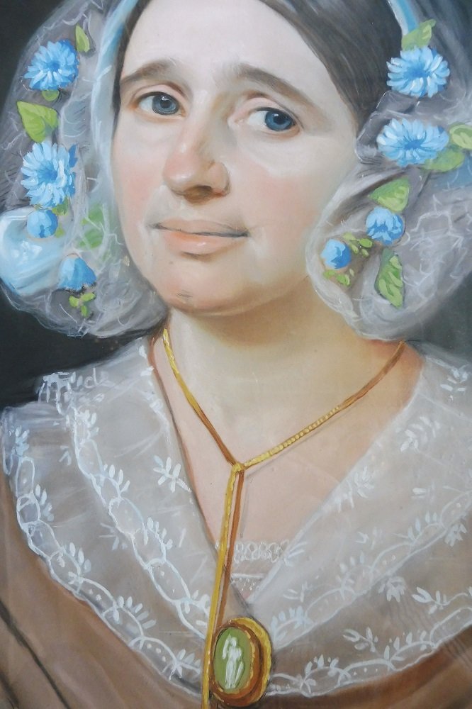 Pastel   "portrait de dame  "  dans  son cadre vers 1840-photo-3