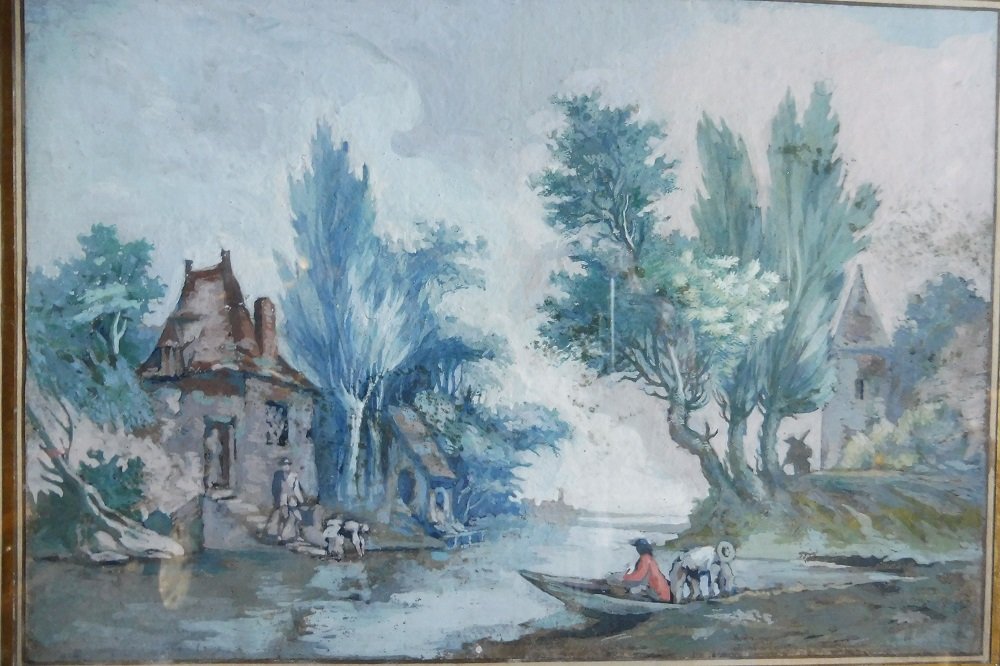 Gouache, 18th Century, "lively Lakeside Landscape"  -photo-2