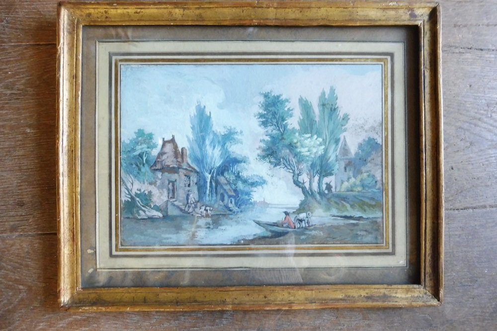 Gouache, 18th Century, "lively Lakeside Landscape"  