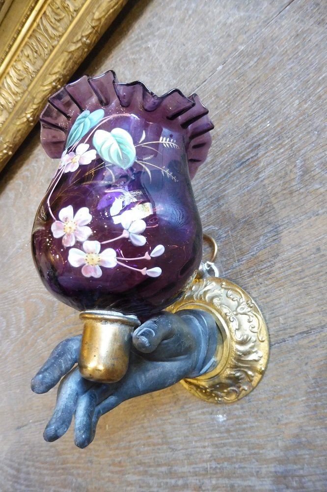 Photophore en bronze  et verre  émaillé  vers 1900