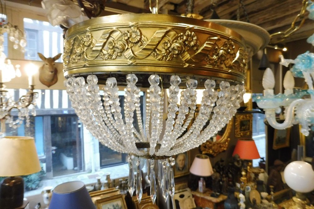 19th-century Crystal And Repoussé Brass Ceiling Light