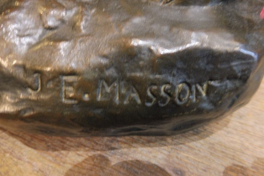 Sculpture  en bronze  signée J. E.   Masson  , " Chient  à l'arrêt  devant  une perdrix   "   -photo-2
