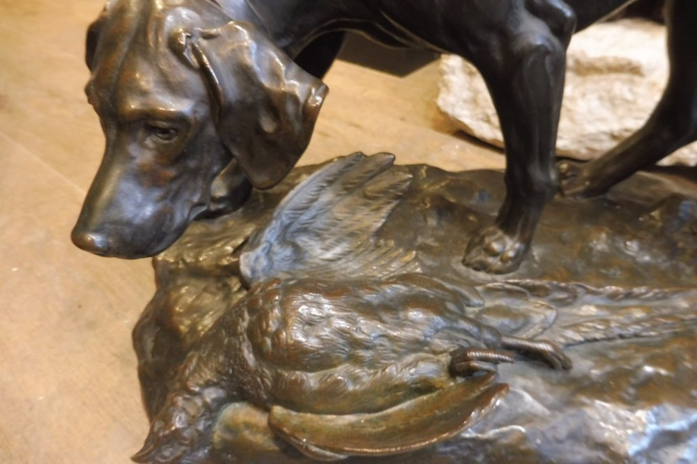 Sculpture  en bronze  signée J. E.   Masson  , " Chient  à l'arrêt  devant  une perdrix   "   -photo-3