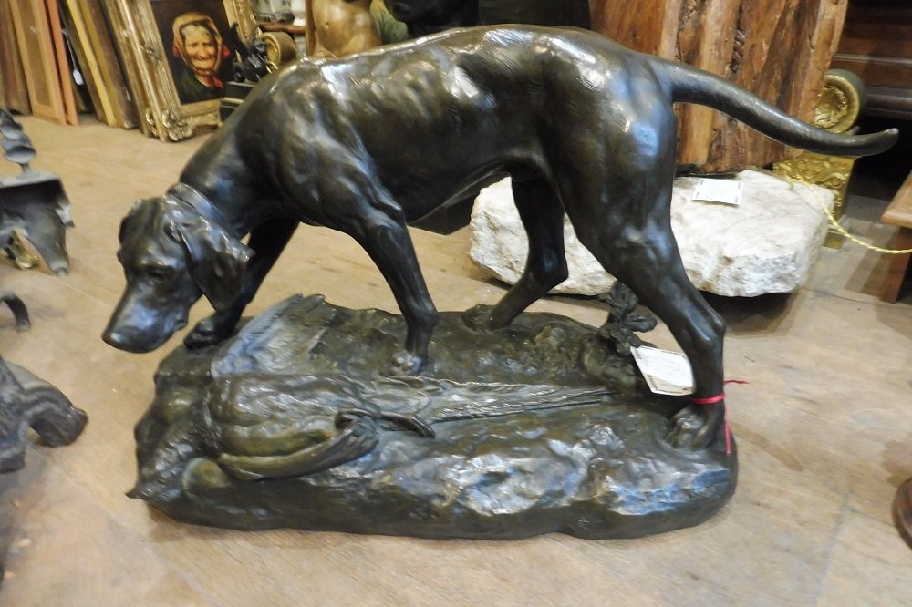 Sculpture  en bronze  signée J. E.   Masson  , " Chient  à l'arrêt  devant  une perdrix   "   