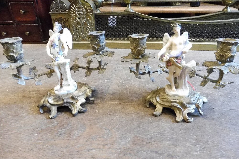 Pair Of Hand Candlesticks In Chiseled Bronze With Porcelain Subject Louis XV Style