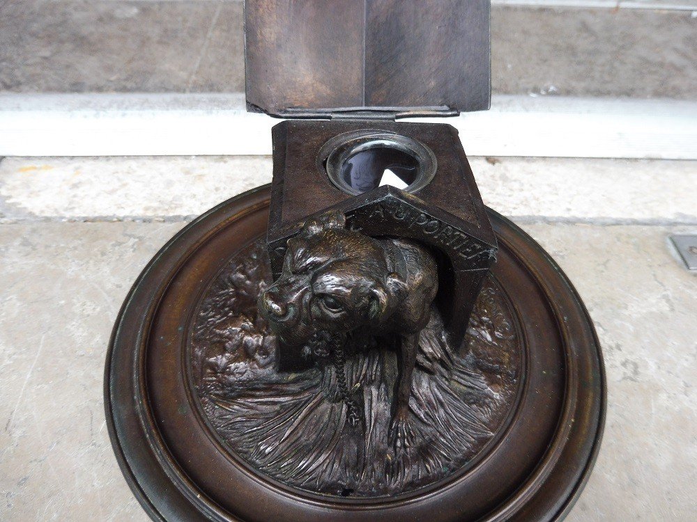 Bronze Inkwell Signed Jules Moigniez In The Shape Of A Dog Kennel-photo-2