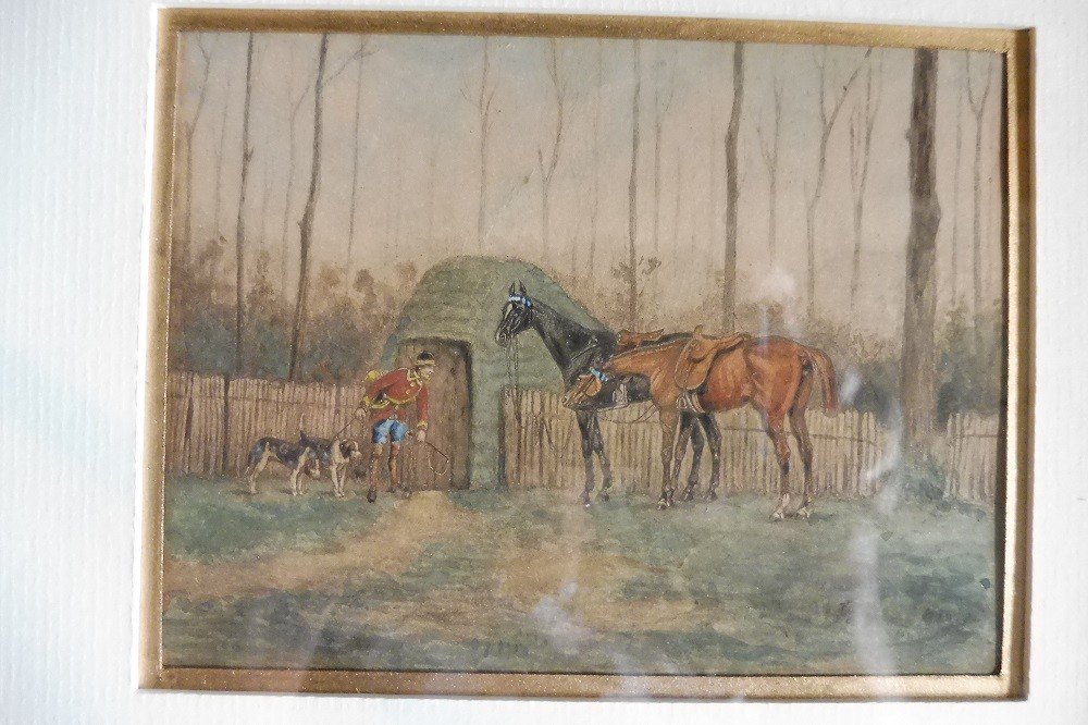 Fine Watercolor, 19 Century   'hunting  Scene " -photo-2