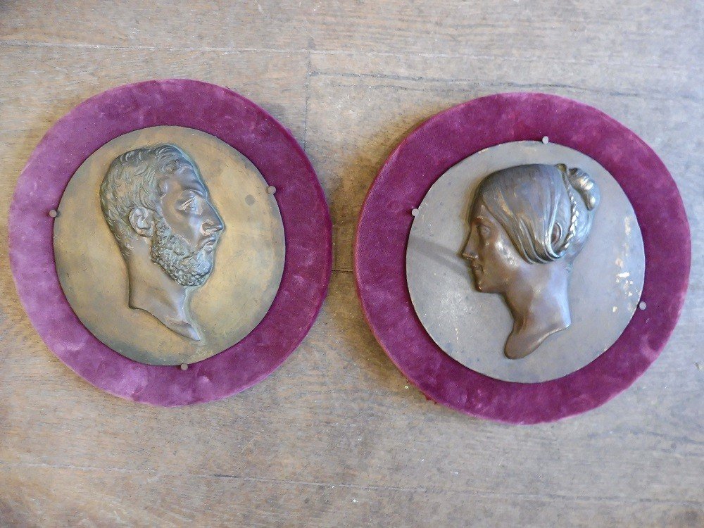 Pair Of Bronze Profiles Signed Pradier
