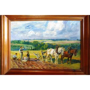 Oil On Panel  Signed Raymond Lecourt "scene Of Labors"