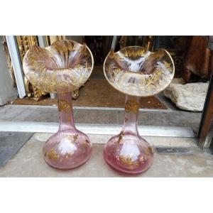 Pair Of Vase In Pink Tinted Crystal, Gold Enameled With Flared Necks 1900