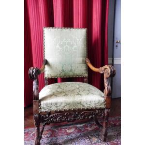 High Back Armchair In Carved Walnut Louis XIV Period  