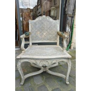 Cane Armchair In Regency Lacquered Wood  
