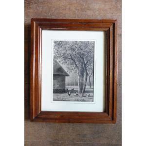 19th Century Pencil And Charcoal Drawing "the Lower Courtyard" 