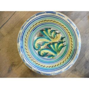Vasque  En Faïence  Polychrome  Espagnole  19 Eme