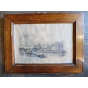 19th Century Framed Landscape Drawing 