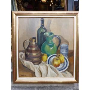 Huile sur panneau  signée  Maurice Mourlot " nature morte aux pichets " 