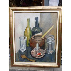 Huile  sur panneau signée  Maurice  Mourlot    " nature morte  aux récipients  vides" 