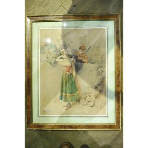 Aquarelle  signée  Maurice Millière  " défense de chasser "  