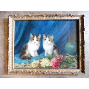 Huile sur panneau signée Emile  valentin Cardinal  " les chatons "  